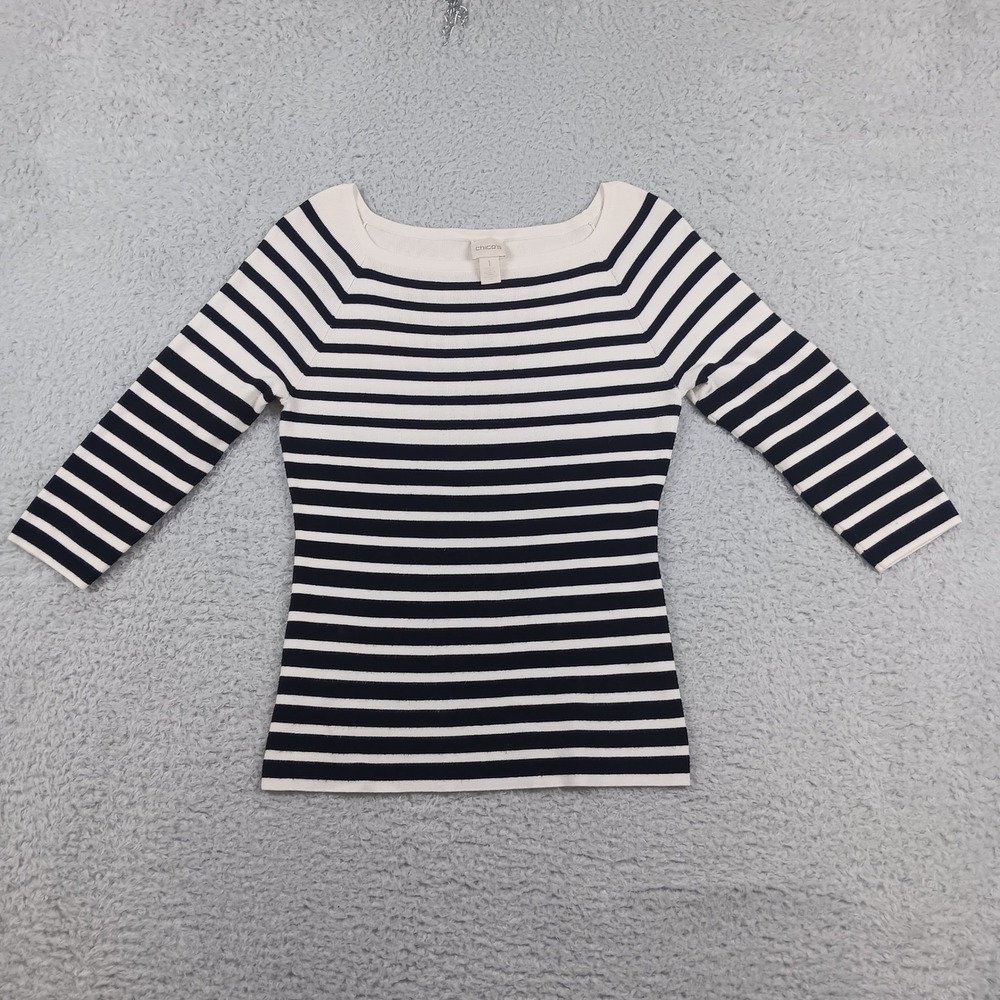 Chico's Top Knit Boat Neck Woman 1 Navy White Striped Ribbed 3/4 Sleeve